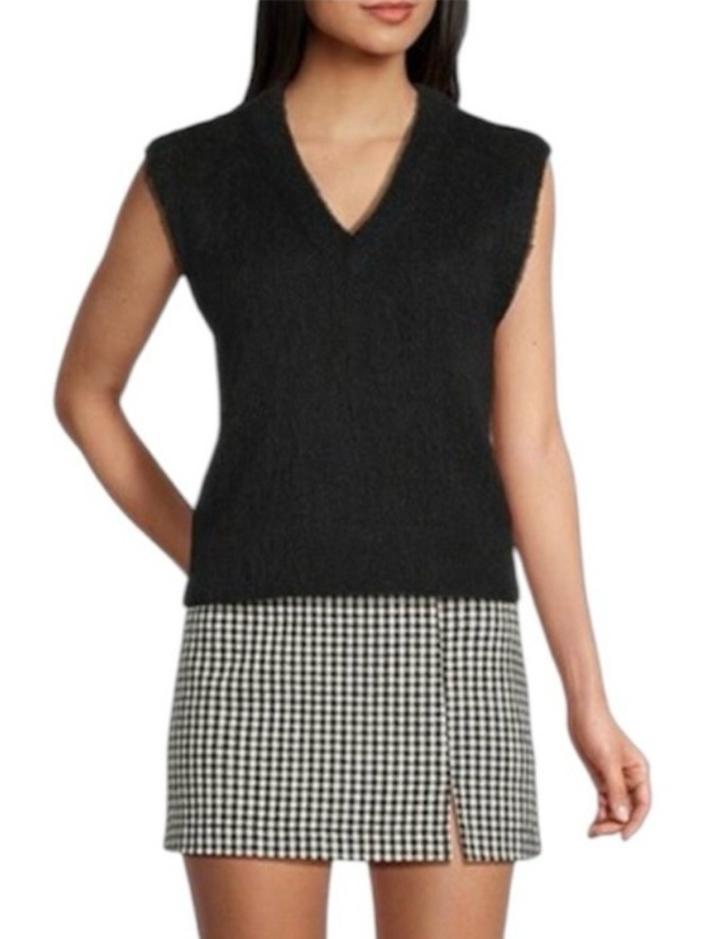 Copper Key Black & White Gingham Mini Skirt with front slit, New w/Tags, Sz Lg